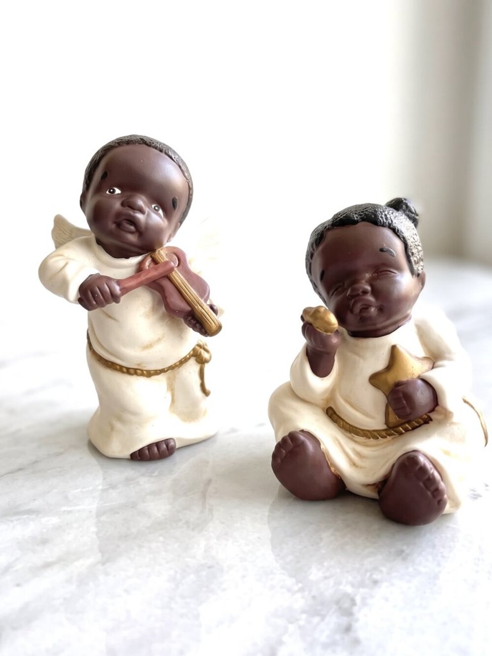 VTG Set of African American Angel Cherub Figurines Signed Vigor Ceramic Boy Girl